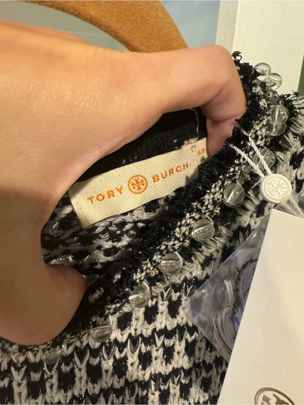 NWT Tory Burch Black and White Embellished Tweed Dress